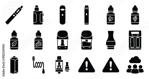 Comprehensive glyph icon set showcasing various vaping devices including pens, mods, eliquid bottles, batteries, and safety warnings for industry materials or health awareness campaigns.