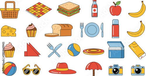 Picnic Food and Summer Accessories Vector Set Featuring Sandwich Fruits Basket Camera and Beach Items