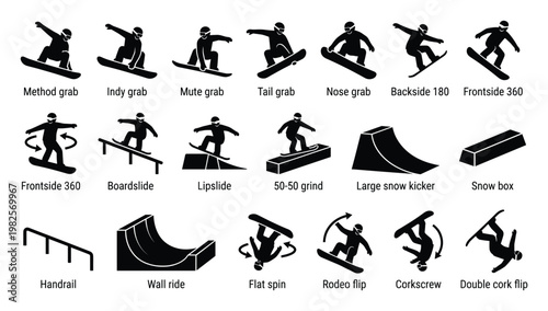 This comprehensive collection of snowboarding icons illustrates various exciting tricks like grabs, spins, flips, and essential park features for graphic design projects and winter sports