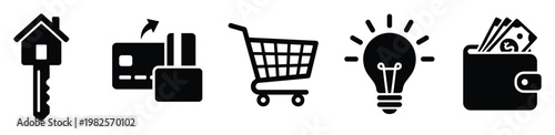 Versatile set of finance and economy icons including house key, credit cards, shopping cart, idea lightbulb, and money wallet for business presentations and personal financial planning