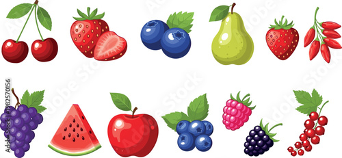 Vector Collection of Fresh Fruits Including Cherries, Strawberries, Blueberries, Pears, Grapes, Apples, and Watermelon