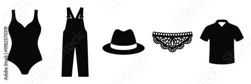 Collection of various clothing and accessories including a swimsuit overalls hat lace underwear and shirt suitable for apparel icons or educational materials