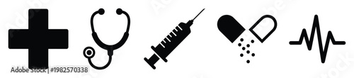Essential healthcare icons including cross, stethoscope, syringe, medicine capsule, and heartbeat line for web graphics, medical applications, or professional presentations