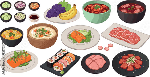 Asian cuisine vector set sushi meat soup vegetables and traditional dishes collection detailed food illustration isolated