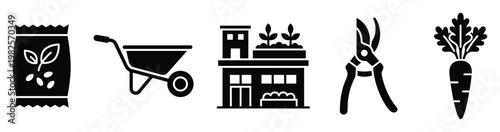 Essential black glyph icons for gardening and urban farming projects, depicting tools, plants, and sustainable food production for various digital and print applications