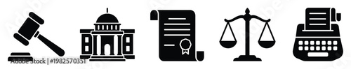 Legal system and justice icons set including gavel, courthouse, document, scales, and typewriter representing law, government, and bureaucracy concepts