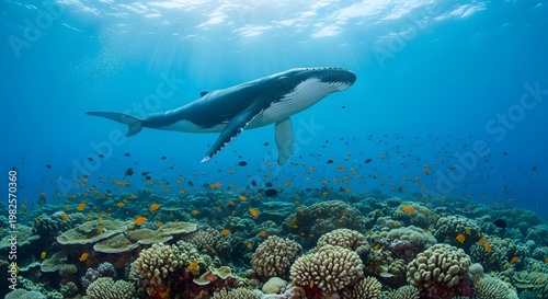 Majestic Humpback Whale Swimming Gracefully Over a Vibrant Coral Reef Ecosystem