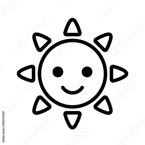 A cheerful black outline sun icon featuring triangular rays and a smiling face.