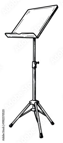 Simple line drawing of a classic adjustable music stand with a sturdy tripod base, perfect for educational materials, musical instrument stores, or performance event graphics.