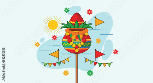 Vibrant illustration of a traditional Gudi Padwa celebration featuring a decorated kalash, flags, and a sun.