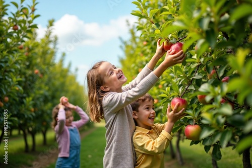 Happy Family Picking Apples in Lush Orchard with Children Reaching Fresh Fruit Under Blue Sky