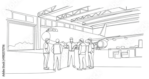 A team of aviation engineers and maintenance crew members in hard hats collaborates on an aircraft project inside a large hangar, depicting teamwork and industrial operations in the