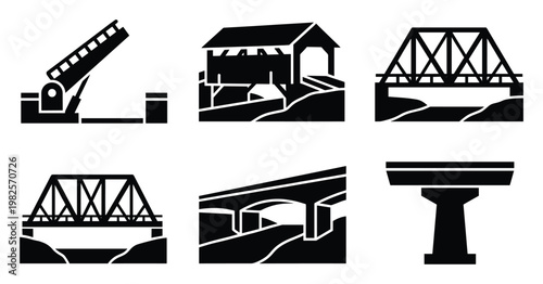 Assortment of various bridge types and construction elements including bascule covered truss and arch bridges depicted as simple black silhouette icons for engineering and architectural