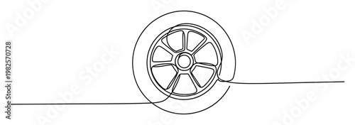 Continuous line drawing of a car wheel with a tire and rim representing motion and transportation suitable for automotive industry advertisements or vehicle service promotions.