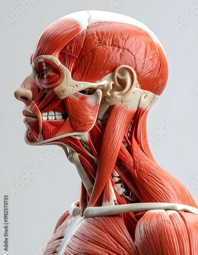 A side-profile view of a human head and neck, showcasing a detailed anatomical model of the muscles and skeletal structure