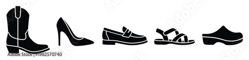 Diverse footwear collection featuring classic boots, elegant high heels, comfortable loafers, casual sandals, and traditional clogs perfect for apparel branding and shoe store promotions