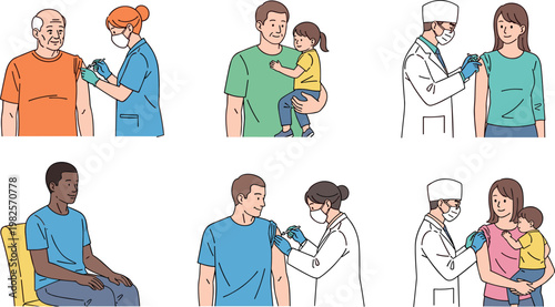 Vaccination vector set doctor giving injection to patients adults and children healthcare immunization illustration collection