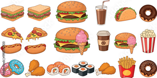 Fast food mega vector set burgers pizza sushi fries donuts drinks and snacks collection colorful illustration isolated