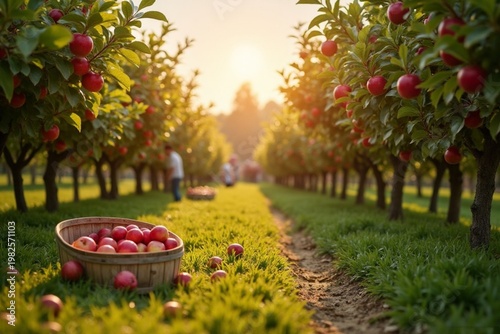 Serene Apple Orchard Harvest Scene with People Picking Ripe Apples in Warm Golden Sunlight