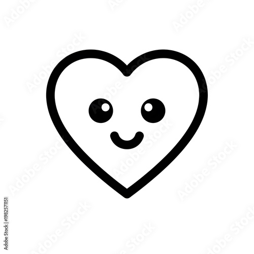 A lovable black outline heart icon with big cartoon eyes and a gentle smile.