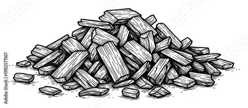 Detailed hand drawn wood chips pile in an etched style, ideal for rustic cooking, barbecue preparation, or various outdoor and crafting related projects and designs
