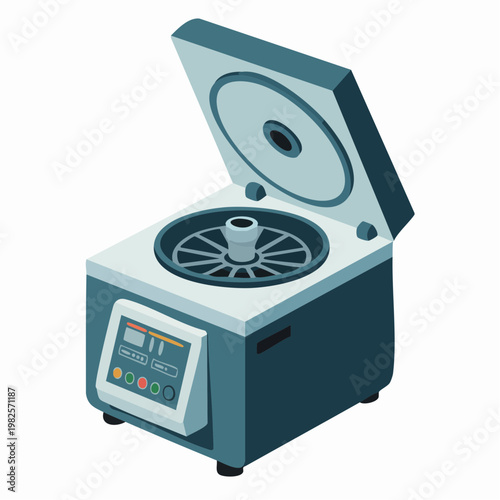 Centrifuge machine with open lid and control panel isometric