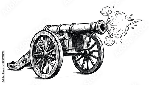 Classic antique cannon firing with smoke and a powerful blast from the barrel depicted in a detailed black and white sketch style suitable for historical themed content or graphic