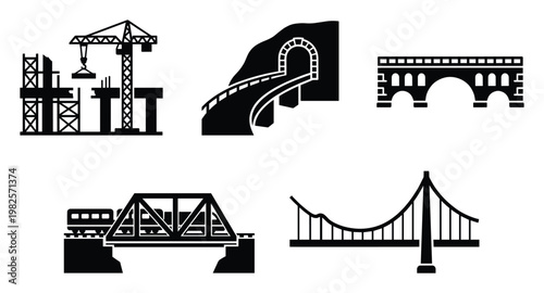 Professional infrastructure and construction icons set featuring a building site with crane, mountain road tunnel, classic arched bridge, train railway truss bridge, and elegant suspension