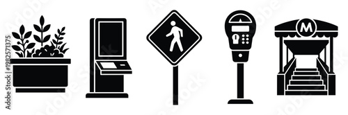 Comprehensive set of urban life vector icons depicting a potted plant, self service kiosk, pedestrian crossing sign, parking meter, and metro station entrance for modern city graphics.