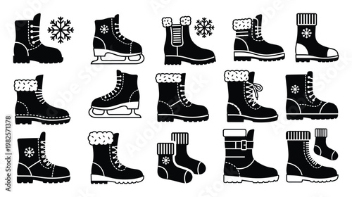 Collection of winter footwear icons including various boots, ice skates, and warm socks, perfect for seasonal designs, cold weather themes, and sports apparel graphics
