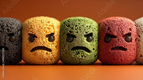 Angry face colorful blocks showing grumpiness and negative emotions in a row represent social tension and collective frustration on a warm orange background surface