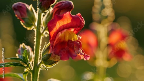 Red snapdragon flowers blooming in summer garden at sunset 4K Video