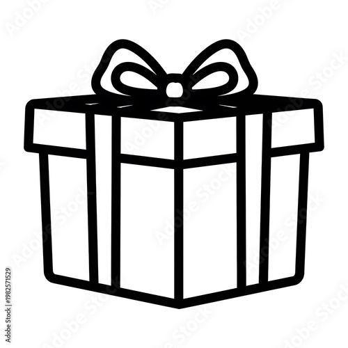 A simple black outline gift box adorned with a festive ribbon bow.
