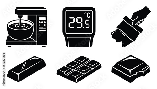 Essential kitchen tools for confectionery, featuring a stand mixer, digital thermometer, pastry brush, and various chocolate forms, ideal for baking blogs, cooking instructions, or food