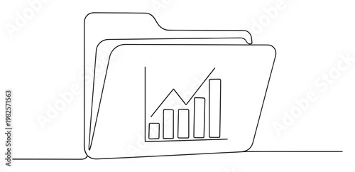 Continuous line drawing depicting a business data folder with an ascending graph symbolizing financial growth and market analysis for economic trend reports and statistical presentations.
