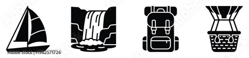 Collection of travel and adventure icons featuring a sailboat, majestic waterfall, hiking backpack, and hot air balloon for vacation planning and outdoor exploration infographics