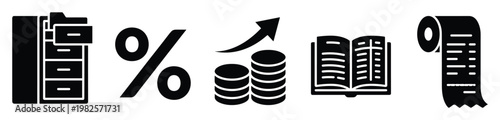 Versatile set of black glyph business and financial icons representing document organization, percentage rates, monetary growth, accounting records, and transaction receipts, perfect for