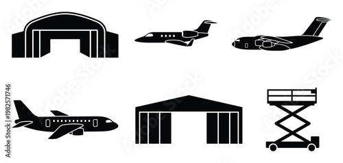 Collection of black silhouette icons showcasing various aircraft models and airport infrastructure elements, perfect for aviation related presentations, infographics, and informational