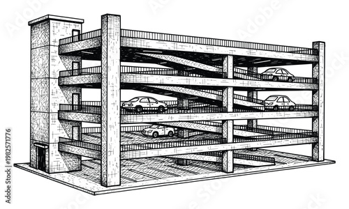 Perspective view of a multilevel car park structure with ascending ramps and parked vehicles, ideal for illustrating urban infrastructure projects, city planning, and transportation themes.