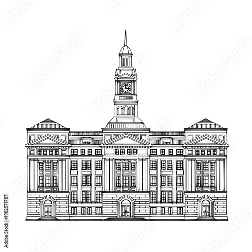 A large building with a clock tower on top Vector, illustration