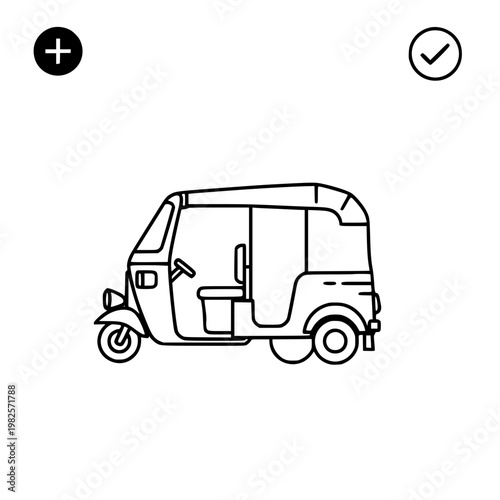 A small three-wheeled vehicle with a covered back Vector, illustration