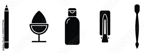 Collection of various cosmetic and personal care tools and products such as a pencil, beauty blender, lotion bottle, and applicators for professional makeup artistry and skincare routines