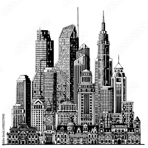 A black and white city skyline with tall buildings Vector, illustration