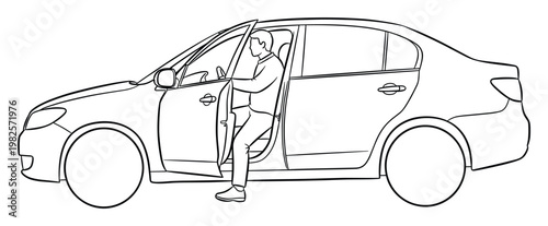 Outline sketch of a man getting into a four door vehicle, illustrating everyday travel and transport concepts useful for mobility related publications and safety awareness campaigns.