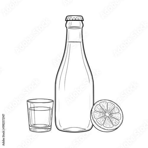 A bottle of water with a glass and a slice of lemon Vector, illustration