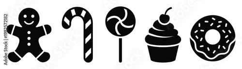 Delicious bakery and candy confectionery icons for sweet treat themed branding, dessert menu design, food blog graphics, or holiday promotional materials.