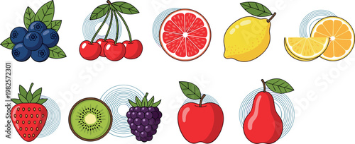 Vector Collection of Colorful Fruits Including Blueberries, Cherries, Grapefruit, Lemons, Strawberries, Kiwi, Apples, and Pears