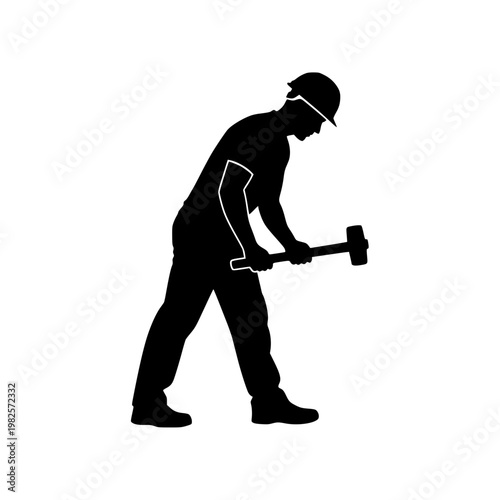 A man in a hard hat is using a sledgehammer Vector, illustration