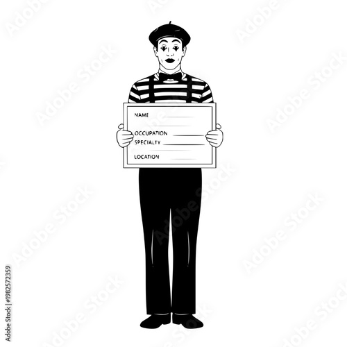 A mime holding a sign in front of his body Vector, illustration