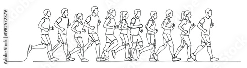 Continuous line drawing of a diverse group of men and women running together, perfect for active lifestyle promotions, sports event graphics, and fitness club advertising.